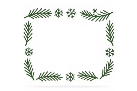 Spruce tree branch and snowflake border creating a festive winter frame, transparent background - Powered by Adobe
