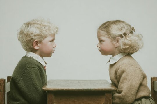 two children whispering behind textbooks in classroom. Generative AI