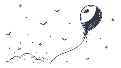 Whimsical balloon soaring above clouds with flock of birds, simple and calming design evoking freedom, hope, and joyful dreams in minimal style art