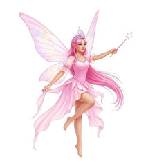 Pink fairy with crown and wand isolated on a transparent background