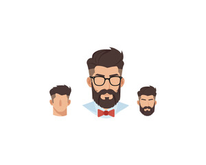 Three stylized portraits of men with different hairstyles and beards showcasing modern masculine grooming and fashion trends