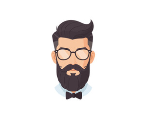 Stylized illustration of a man with a prominent beard round glasses and a bow tie representing a modern hipster aesthetic