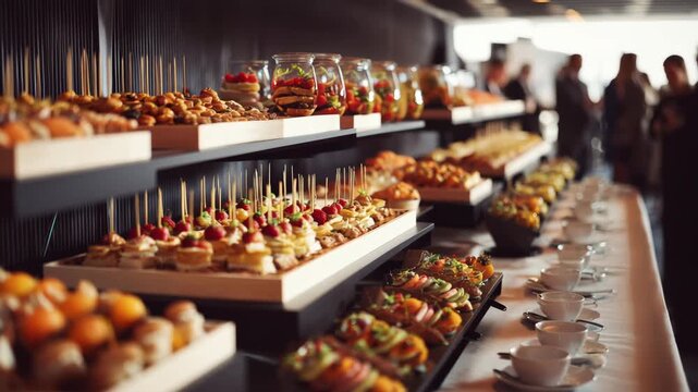A buffet table filled with various appetizers and desserts. The scene includes colorful finger foods, pastries, and drinks. People are mingling in the background.