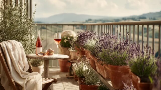 A cozy balcony with potted lavender plants, a small table with a glass of wine, and a scenic view of rolling hills in the background.