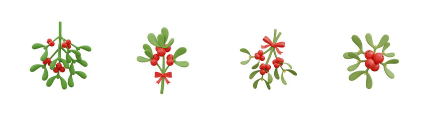 Fototapeta premium Mistletoe Sprigs With Red Berries And Bows Isolated Transparent Background Isolate