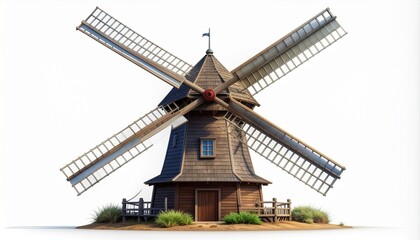 A wooden windmill with four sails, a small window, and a pointed roof stands against a white background.