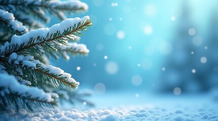 Beautiful winter background with fir trees and falling snow. Template for Christmas and New Year cards and banners. Copy space.