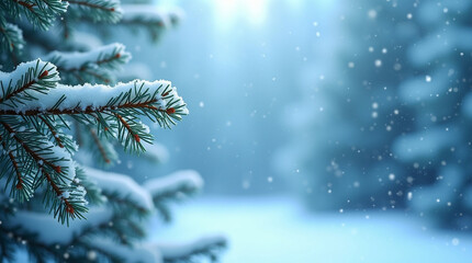 Winter background with Christmas tree branches with snow. Template for Christmas and New Year cards and banners. Copy space.