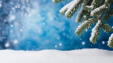 Festive winter background with fluffy snow and Christmas tree. Template for Christmas and New Year cards and banners. Copy space.