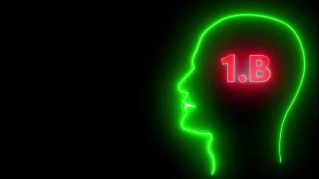 Human head line icon animation.1B one billion neon glowing cyan color text animation. Neon 1B text animation. on black background.