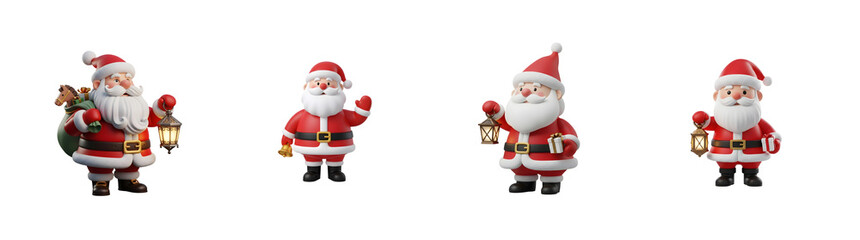 Obraz premium Four cartoon Santas with gifts lanterns and bells isolate Santa Claus Christmas