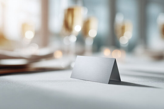 Elegant table setting with a blank name card ready for customization. Perfect for wedding, event planning, or upscale restaurant concepts. Soft, sophisticated, and inviting.