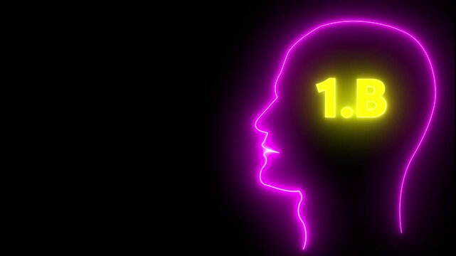 Human head line icon animation.1B one billion neon glowing cyan color text animation. Neon 1B text animation. on black background.