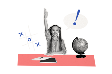 Composite photo collage of happy schoolgirl raise hand answer tic tac toe game school supplies lesson isolated on painted background