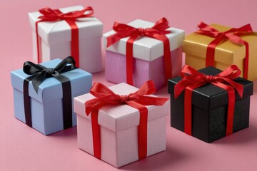 Obraz premium Six square gift boxes of varied colors each with a ribbon and bow arranged on a pink surface