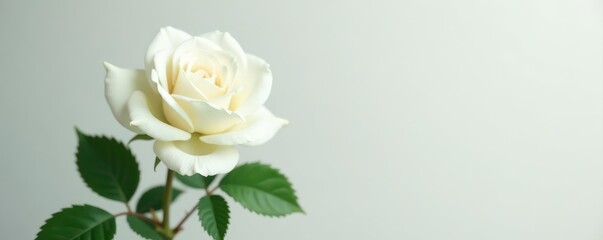 Fototapeta premium A pristine white rose, seemingly weightless, floats against a clean background , botanical, levitation, pastel