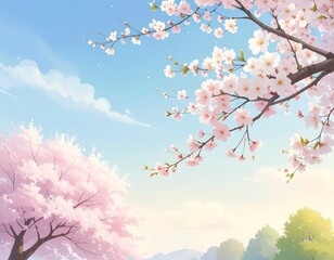 Beautiful Spring Landscape with Cherry Blossoms and Blue Sky