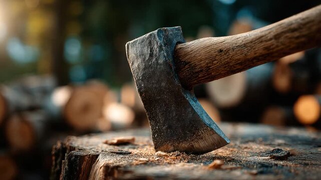 An axe rests on a tree stump, its blade angled downward. The background is blurred