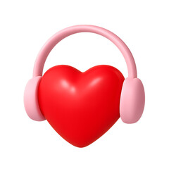 A vibrant red heart wearing fluffy pink headphones in a 3D render