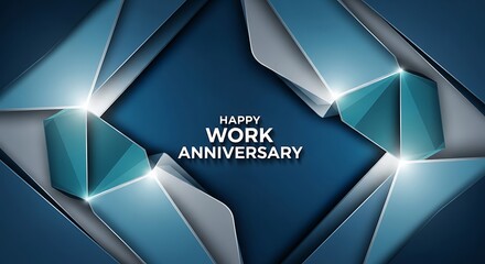 Happy work anniversary greeting card with modern geometric design on a dark blue background, celebrating professional milestones and achievements