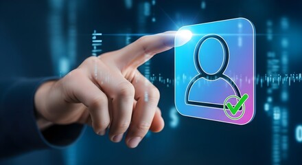 Person's finger touching a digital profile icon, representing selection or confirmation in technology.