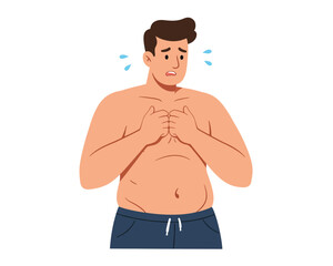 Fototapeta premium An anxious man with his hands clasped over his chest sweating and looking worried illustrating stress and discomfort
