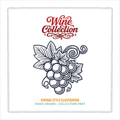 Hand-drawn vintage grape bunch with detailed leaves and curls. Elegant grape line illustration in classic engraving style. Perfect for wine label, packaging, and vineyard branding. Part of set.