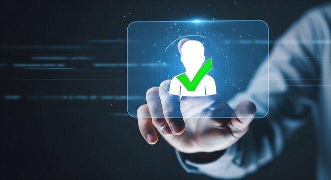 Hand selecting a verified user profile on a digital interface, representing successful recruitment and identity confirmation.