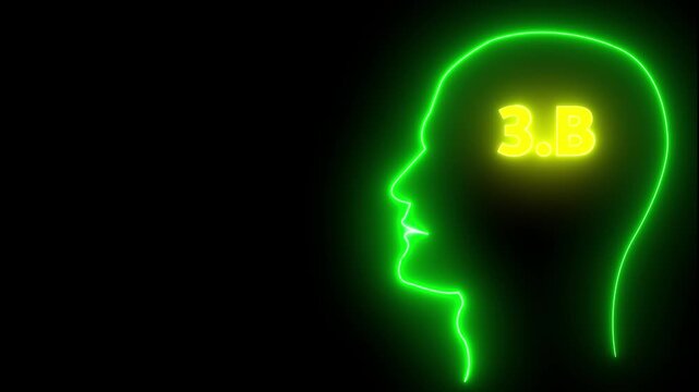 Human head line icon animation.3B one billion neon glowing cyan color text animation. Neon 3B text animation. on black background.