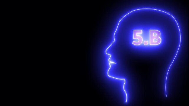 Human head line icon animation.5B one billion neon glowing cyan color text animation. Neon 5B text animation. on black background.