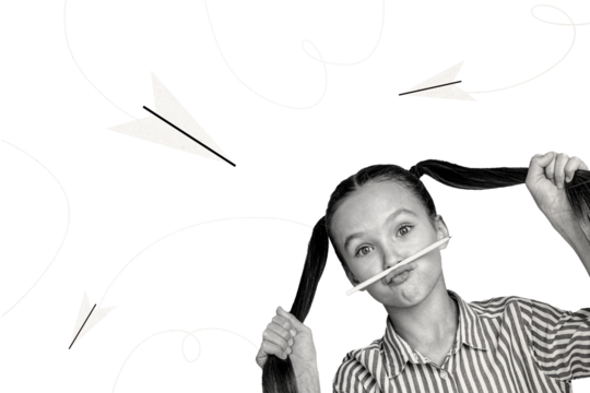 Composite photo collage of happy schoolgirl play pencil pouted lips mustache paper plane flight education isolated on painted background
