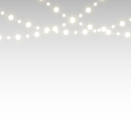 Bright golden garland light chain shining across a festive holiday border with decorative illumination for christmas, celebration, and birthday background vector transparent banner design.