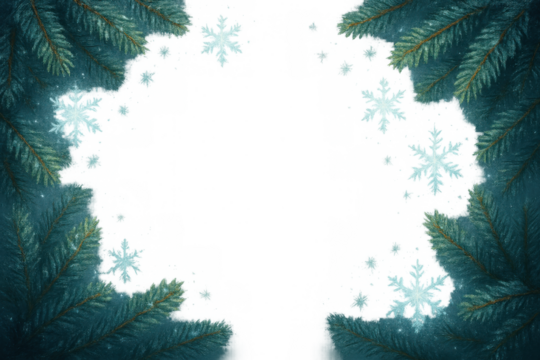 Christmas winter holiday frame creating border with fir branches and falling snowflakes on transparent background