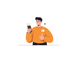 Young man in an orange sweater holding a smartphone and giving a thumbs up gesture with a surprised or confused expression on his face