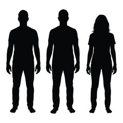 Silhouettes of two men and one woman, full body, standing in neutral poses, representing human identity, diversity, and a group. isolated on a clean background.