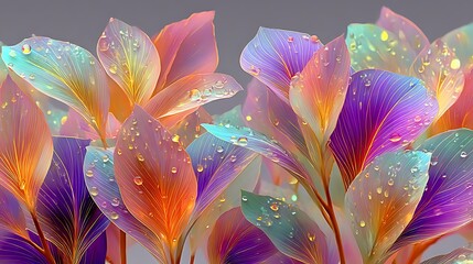 Fototapeta premium Vibrant multicolor foliage with water droplets in dreamy light high resolution image