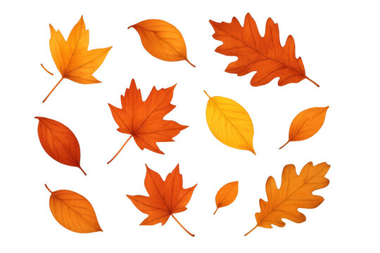 Autumn leaves falling, creating a vibrant seasonal pattern. Warm colors of maple and oak leaves on a transparent background