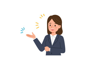 Professional businesswoman in a suit gesturing with her hand and looking thoughtful conveying ideas or presenting information with a subtle expression