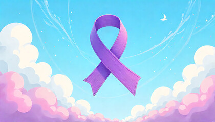 Illustration of a purple ribbon floating in a sky with clouds and a crescent moon 4k and hd image