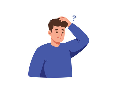 Confused young man scratching his head with a question mark above illustrating uncertainty and doubt