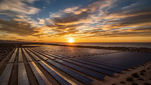 Solar Panels Generate Energy at Sunset Near Ocean Coastline View