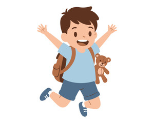 Excited young boy with backpack and teddy bear jumping for joy celebrating the start of school or a fun adventure