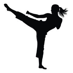 Dynamic silhouette of a young woman executing a powerful high kick in martial arts training, demonstrating strength, agility, discipline, and self-defense prowess. isolated for versatile use.