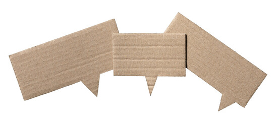 Brown cut out cardboard speech bubbles with copy space for text on transparent png background...