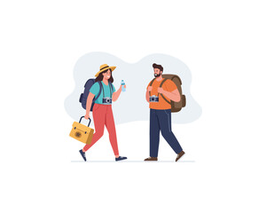 Couple of tourists with backpacks exploring a new destination together on a bright sunny day with a sense of adventure