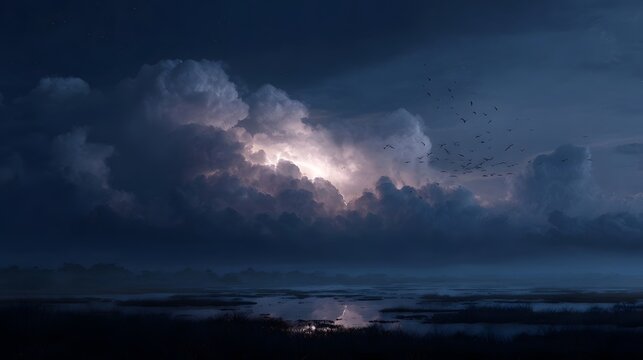 Dramatic lightning storm illuminates dark wetland with birds flying at night