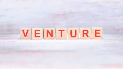 Fototapeta premium Wooden toy blocks spell out the word VENTURE in red letters against a light background. This creates a concept for business, risk, opportunity, and new projects
