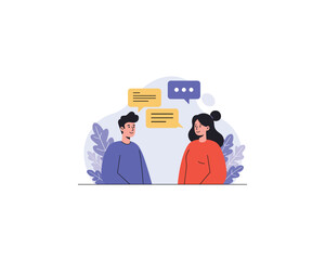 Two people engaged in a conversation with speech bubbles indicating communication and discussion in a modern flat illustration style