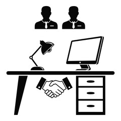 Business workplace collaboration concept with office desk, computer, lamp, and handshake between two male user icons, representing partnership and teamwork agreement.
