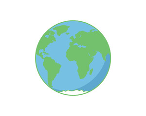 A simple flat illustration of planet earth showing continents and oceans in blue and green on a white background